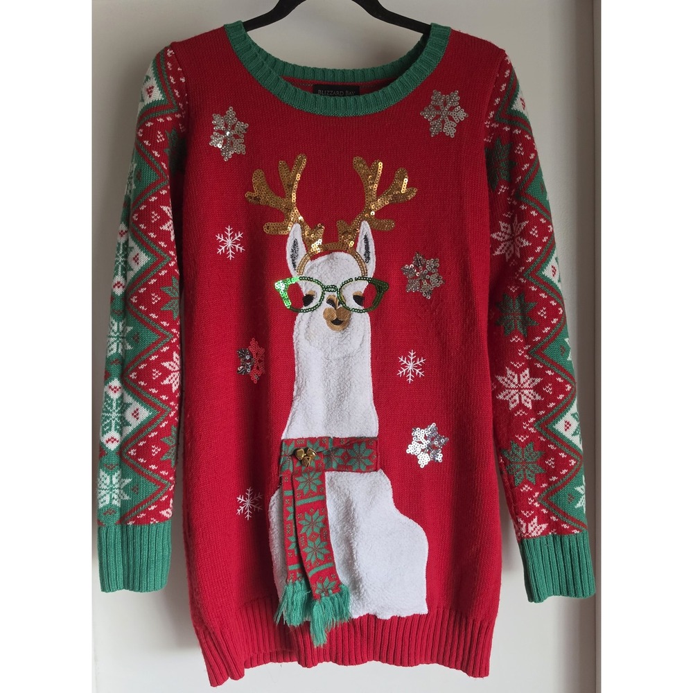 Blizzard Bay Sweater Women M Red Holiday Llama Pullover Long Sleeve Top Knit